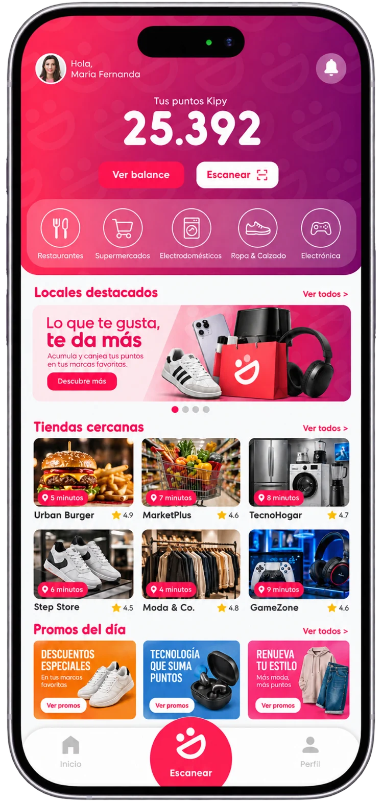 Pantalla de inicio de Kipy: el saludo a la usuaria, su saldo de 25.392 puntos, los botones Ver balance y Escanear, las categorías de comercios, los locales destacados y las tiendas cercanas con su distancia y su valoración.